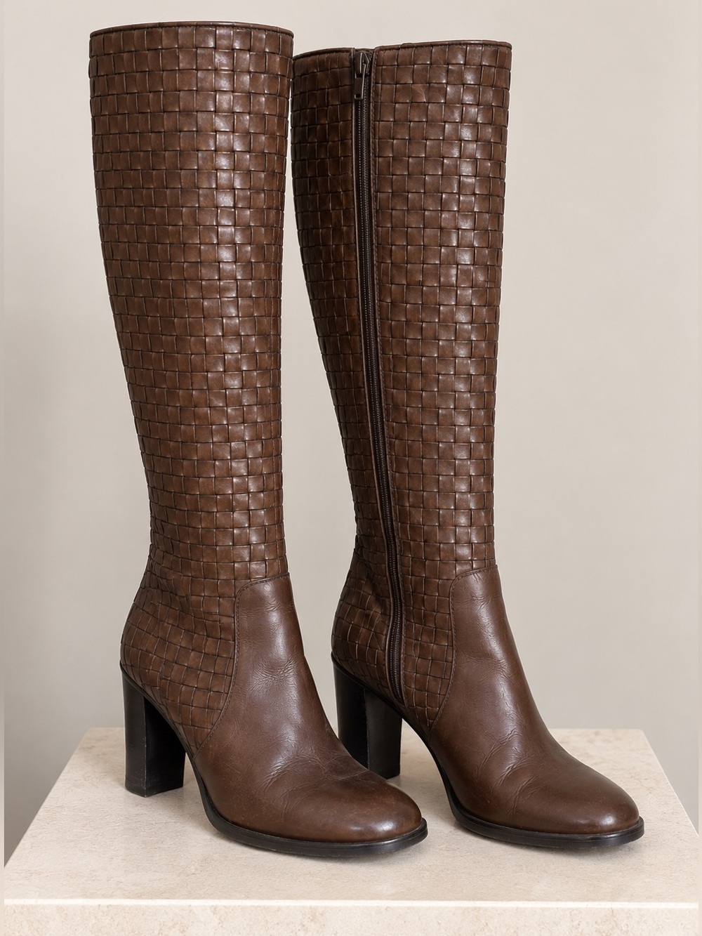 Vintage 90s Y2K Floran’s Italian Leather Woven Knee High Boots Brown EU 39
